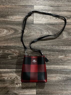 Coach Mini Town Bucket Bag Red and Black Buffalo Plaid Crossbody Bag